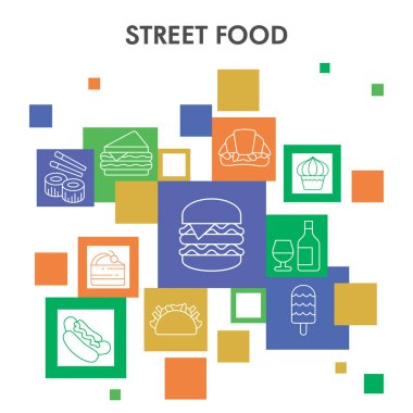 Modern Sokak Gıda Infographic tasarım şablonu. Gıda Infographic görselleştirme kare tasarımı beyaz arka planda. Sunum için yemek şablonu. Infographic için yaratıcı vektör illüstrasyonu.