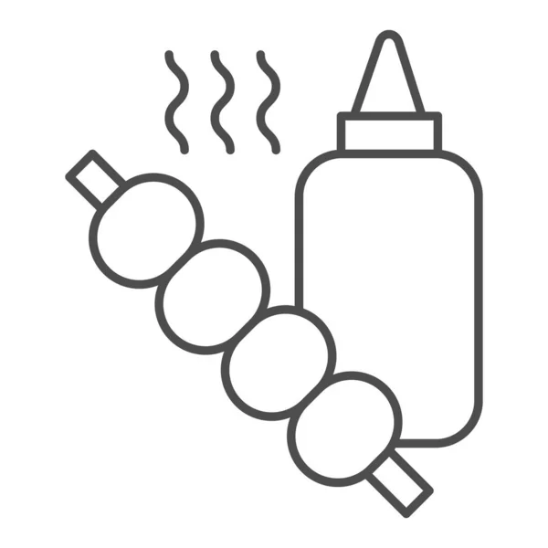 Saucenflasche und Barbecue Thin Line Icon, Street Food Konzept, Spieße mit Saucenschild auf weißem Hintergrund, Barbecue Food Icon im Outline-Stil für mobiles Konzept und Webdesign. Vektorgrafik. — Stockvektor