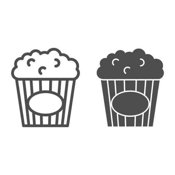 Popcorn lijn en solide pictogram, Street food concept, popcorn in gestreepte badkuip teken op witte achtergrond, Popcorn in verpakking pictogram in outline stijl voor mobiele concept en web design. vectorgrafieken. — Stockvector