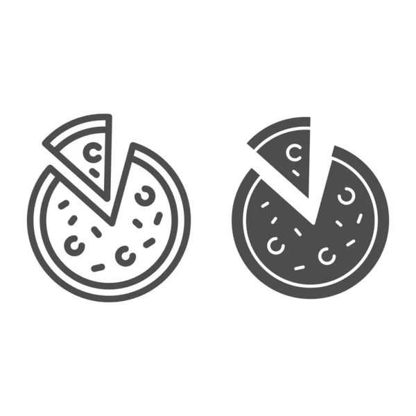 Pizza linje och fast ikon, Street food koncept, italiensk mat symbol på vit bakgrund, Pizza med en skiva separerad ikon i kontur stil för mobila koncept och webbdesign. Vektorgrafik. — Stock vektor