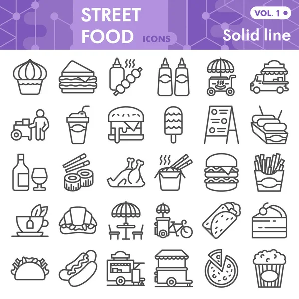 Set di icone della linea Street Food, collezione di simboli del pranzo o schizzi. Segni lineari di stile fast food per web e app. Grafica vettoriale isolata su sfondo bianco. — Vettoriale Stock