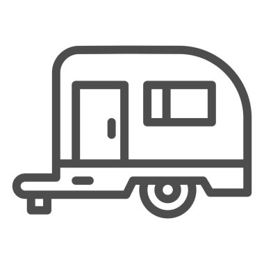 Mobil ev araç hattı simgesi, seyahat kavramı, beyaz arka planda karavan tabelası, mobil konsept ve web tasarımı için ana hatlı karavan ev simgesi. Vektör grafikleri.