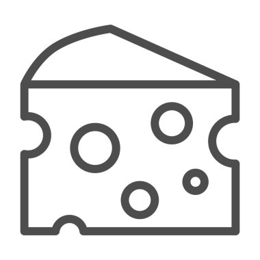 Peynir çizgisi ikonu, piknik konsepti, beyaz arka planda bir dilim peynir tabelası, mobil konsept ve web tasarımı için ana hatlı peynir parçası simgesi. Vektör grafikleri.