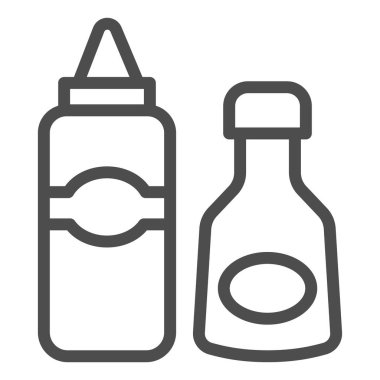 Sos ve hardal çizgisi ikonu, piknik konsepti, arka planda sos şişeleri işareti, taşınabilir konsept ve web tasarımı için ana hatlı ketçap ve hardal ikonu. Vektör grafikleri.