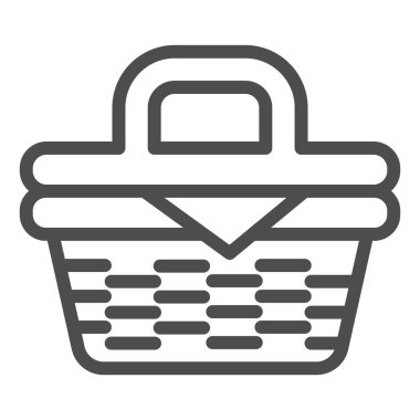 Piknik sepeti çizgisi ikonu, yaz dönemi konsepti, beyaz arka planda Wicker piknik septi tabelası, açık hava eğlence ikonu için yiyecek septi, mobil ve web için taslak tarzı. Vektör grafikleri.