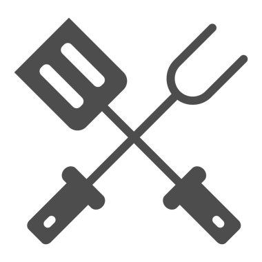 BBQ spatula ve çatal katı ikon, piknik konsepti, beyaz arka planda ızgara araçları, mobil konsept ve web tasarımı için spatula ikonlu barbekü çatalı. Vektör grafikleri.