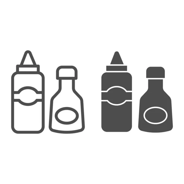 ソースとマスタードラインとソリッドアイコン、ピクニックコンセプト、白い背景にソースボトルのサイン、モバイルコンセプトとウェブデザインのアウトラインスタイルでケチャップとマスタードアイコンのボトル。ベクトルグラフィックス. — ストックベクタ