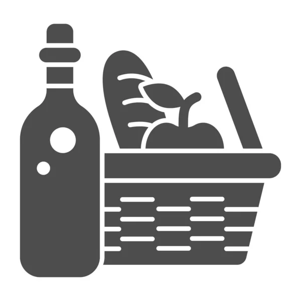 Bottle with picnic basket solid icon, summer time concept, Wicker picnic basket sign on white background, basket with food and wine icon in glyph style for mobile and web. Vector graphics. — Stock Vector