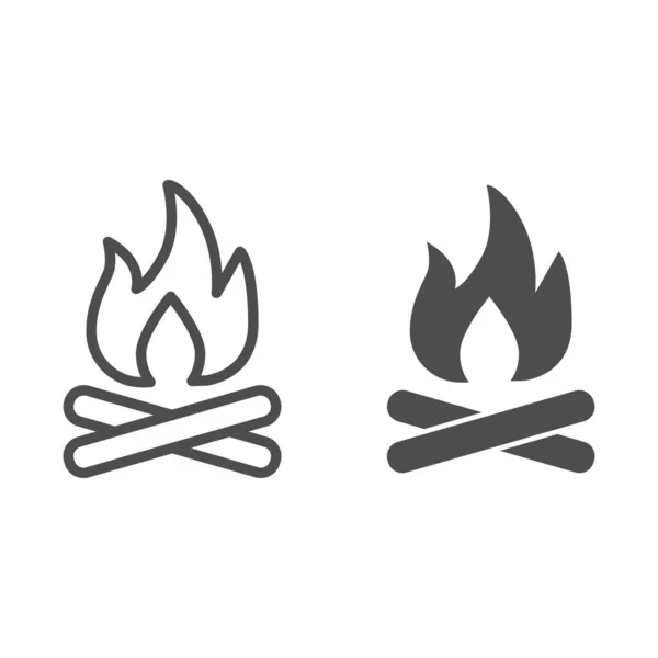 Bonfire line a pevná ikona, piknikový koncept, značka táboráku na bílém pozadí, dřevěná ikona táboráku ve stylu osnovy pro mobilní koncept a web design. Vektorová grafika. — Stockový vektor