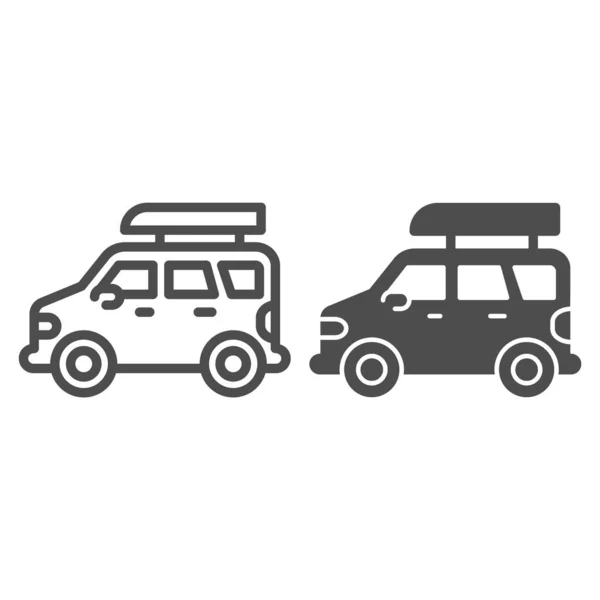 Jeep cestovní linka a pevná ikona, Letní rodinný volný čas koncept, Jeep s lodí znamení na bílém pozadí, Dobrodružství cestovatel truck ikona v obrysu stylu pro mobilní koncept, web design. Vektorová grafika. — Stockový vektor