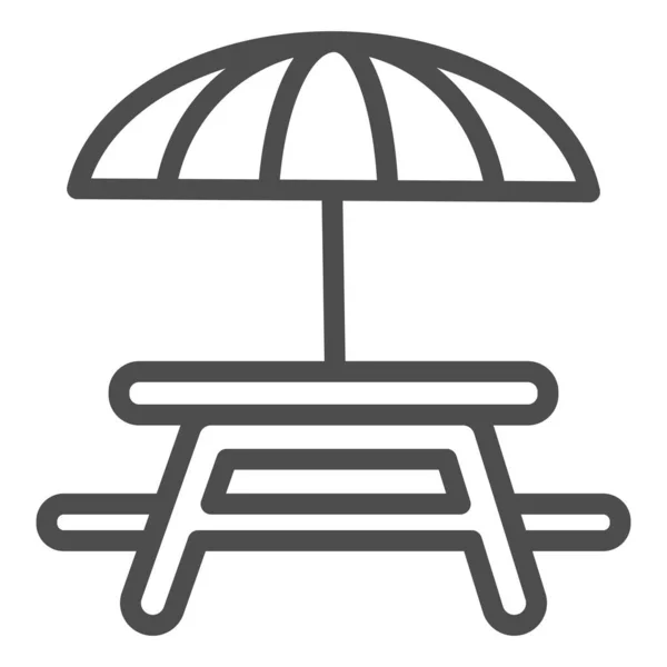 Mesa exterior con icono de línea de paraguas, concepto de picnic, letrero de mesa de camping sobre fondo blanco, icono exterior de mesa y silla en estilo de esquema para concepto móvil, diseño web. Gráficos vectoriales . — Archivo Imágenes Vectoriales