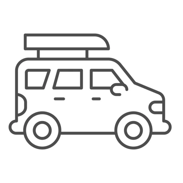 ジープ旅行細い線のアイコン、夏の家族のレジャーのコンセプト、白い背景にボートのサインを持つジープ、モバイルコンセプト、ウェブデザインのアウトラインスタイルでアドベンチャー旅行トラックのアイコン。ベクトルグラフィックス. — ストックベクタ