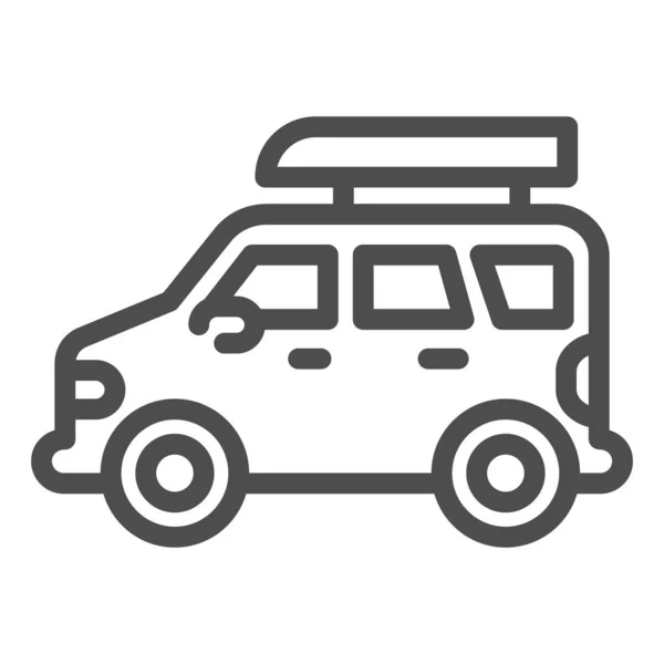 Icono de línea de viaje en jeep, concepto de ocio familiar de verano, Jeep con signo de barco sobre fondo blanco, icono de camión viajero aventura en estilo de esquema para el concepto móvil, diseño web. Gráficos vectoriales . — Vector de stock