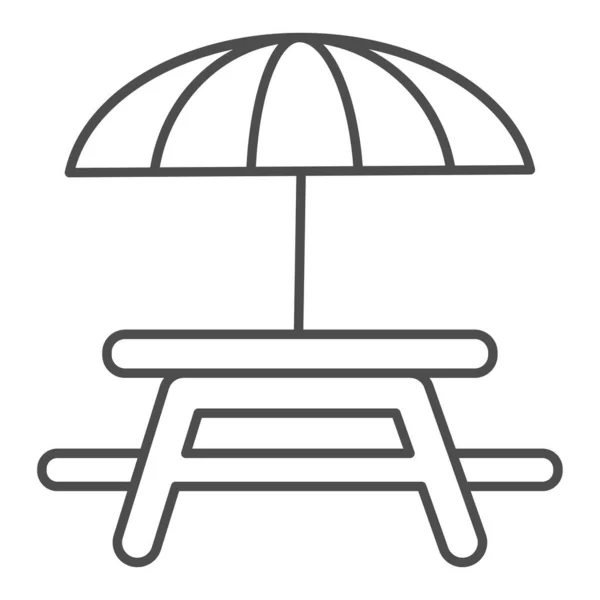 Mesa exterior con icono de línea delgada paraguas, concepto de picnic, letrero de mesa de camping sobre fondo blanco, icono de mesa y silla exterior en estilo de esquema para concepto móvil, diseño web. Gráficos vectoriales . — Archivo Imágenes Vectoriales