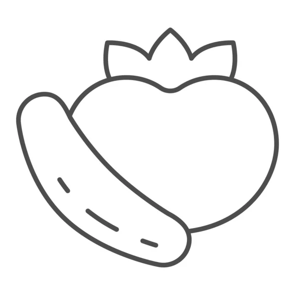 Icono de línea delgada de tomate y pepino, concepto de picnic, letrero de verduras para ensaladas sobre fondo blanco, icono de tomate y pepino en estilo de esquema para concepto móvil y diseño web. Gráficos vectoriales . — Vector de stock