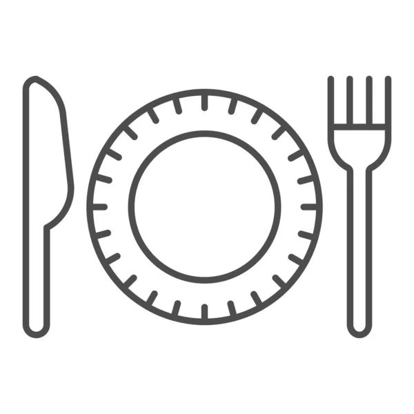 Plast engångsartiklar tunn linje ikon, picknick koncept, platta med gaffel och kniv tecken på vit bakgrund, papper engångs maträtt och bestick ikon i kontur stil. Vektorgrafik. — Stock vektor