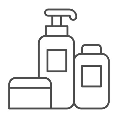 Hane kimyasalları ince çizgi ikonu, temizlik konsepti, beyaz arka planda ev temizleme araçları işareti, Deterjan ve dezenfektan ürünleri ana hatlı şişe ikonunda. Vektör grafikleri.