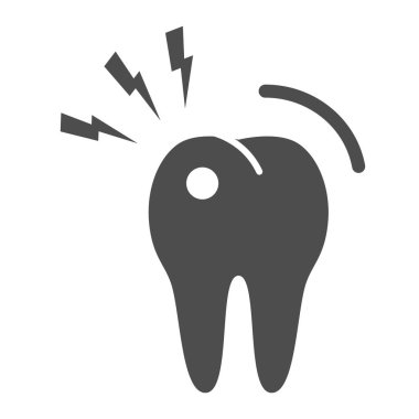 Diş ağrısı katı ikonu, diş bakımı konsepti, beyaz arka planda şimşek işareti olan diş ağrısı simgesi, mobil konsept ve web tasarımı için kabartma şeklinde diş ağrısı simgesi. Vektör grafikleri.