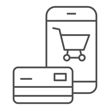 Akıllı telefon ve kredi kartı, ince çizgi ikonu, alışveriş konsepti, beyaz arka planda kredi kartı tabelasından cep telefonu ödemesi, kredi kartı ikonu olan cep telefonu. Vektör grafikleri.