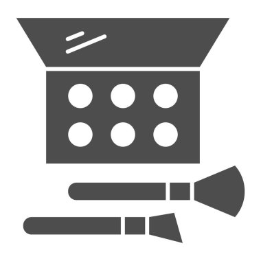 Göz farı ve sağlam bir ikon, kozmetik ürünleri konsepti, beyaz arka planda aksesuar imzası, dikdörtgen kutu ikonu şeklinde fırça ile göz farı. Vektör grafikleri.