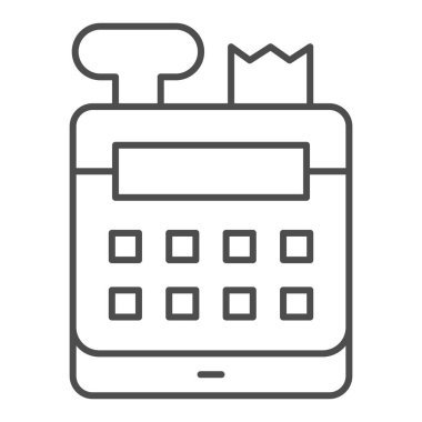 Nakit kasası, ince çizgi simgesi, alışveriş konsepti, beyaz arka planda akıllı banknot işareti, mobil konsept ve web tasarımı için taslak biçimli fatura makinesi simgesi. Vektör grafikleri.