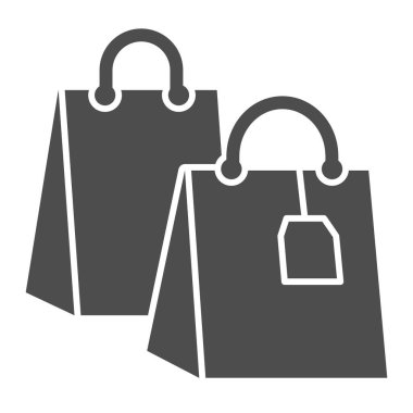 Etiketi sağlam simge, alışveriş konsepti, beyaz arka planda iki alışveriş poşeti işareti, mobil konsept ve web tasarımı için ambalaj simgesi şeklinde paket simgesi. Vektör grafikleri.