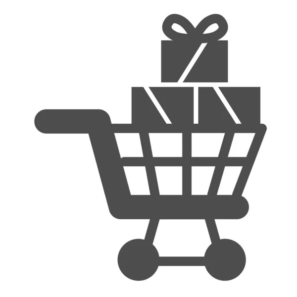 선물 상자의 단단 한 아이콘, 쇼핑 컨셉, 흰색 배경 위에 선물사인 이 가득 한 트롤리, 모바일, 웹을 위한 글 리프 스타일의 박스 아이콘 이 있는 슈퍼마켓 카트. 벡터 그래픽. — 스톡 벡터