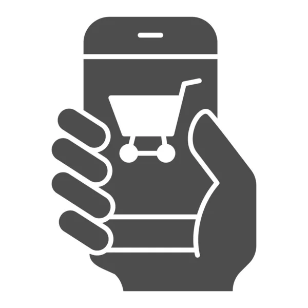 Поручіть зі смартфоном тверду ікону, концепцію покупки, мобільний платіж через телефонний знак на білому тлі, мобільний телефон Супермаркет онлайн з іконою кредитних карток в стилі гліф. — стоковий вектор