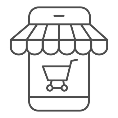 Akıllı telefon, ince çizgi ikonu, alışveriş konsepti, beyaz arka planda telefon mağaza tabelası, cep telefonu ikonu, cep telefonu ve internet için taslak tarzı olan cep telefonu ikonu. Vektör grafikleri.