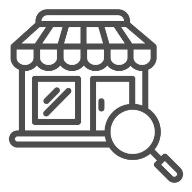 Mağaza binası ve büyüteç çizgisi ikonu, alışveriş konsepti, beyaz arka planda büyüteç işareti olan mağaza, alışveriş cephesi ve taslak şeklinde büyüteç simgesi. Vektör grafikleri.