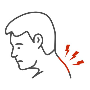 Boyun ağrısı, ince çizgi ikonu, vücut ağrısı konsepti, beyaz arka planda boyun ağrısı işareti olan adam, mobil ve web tasarımı için taslak tarzında boyun ikonu olan adam. Vektör grafikleri.