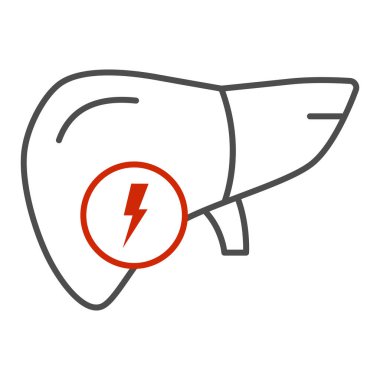 Karaciğer ağrısı, ince çizgi ikonu, sağlık sorunları konsepti, beyaz arka planda hasta insan karaciğeri işareti, karaciğer hasarı, mobil konsept için siroz ikonu, web tasarımı. Vektör grafikleri.