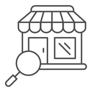 Mağaza binası ve büyüteç ince çizgi ikonu, alışveriş konsepti, beyaz arka planda büyüteç işareti olan mağaza, alışveriş cephesi ve taslak şeklinde büyüteç ikonu. Vektör grafikleri.