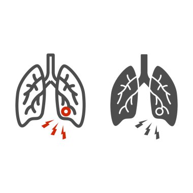 Akciğer enfeksiyonu hattı ve katı ikon, sağlık sorunları kavramı, beyaz arka planda zatürree işareti, mobil konsept ve web tasarımı için ana hatlı akciğer hastalığı ikonu. Vektör grafikleri.
