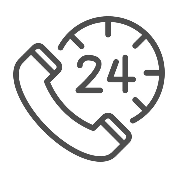 Telefonní sluchátko a ikona hodiny linky, koncept call centra, celodenní zákaznická podpora znamení na bílém pozadí, Hodiny s ikonou telefonu v obrysu stylu, mobilní koncept a web design. Vektorová grafika. — Stockový vektor