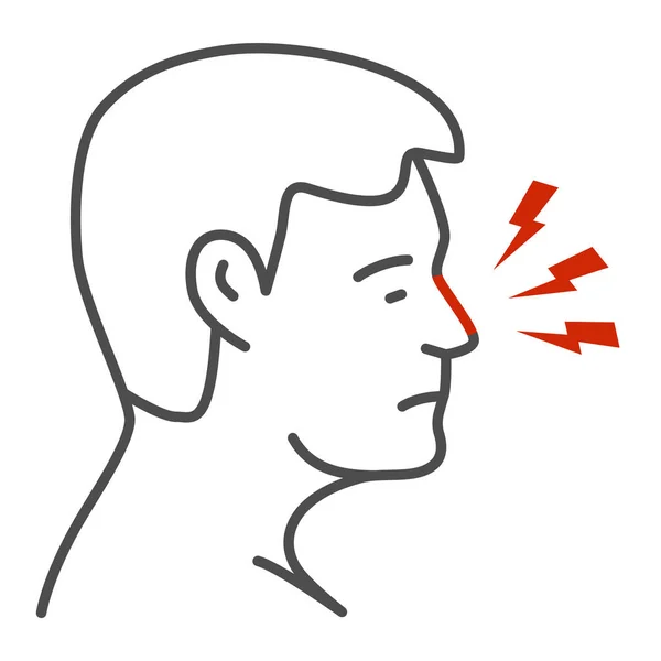 Nose hurts thin line icon, Body pain concept, human nose with lightning sign on white background, Nose ache icon in outline style for mobile concept and web design. Vector graphics. — Stock Vector