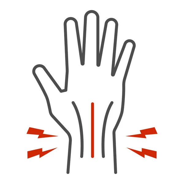 Schmerz in der Hand dünne Linie Symbol, Körperschmerz-Konzept, Verletzung im Handgelenk Zeichen auf weißem Hintergrund, menschliche Hand und Handgelenk Schmerzen durch Arthritis-Symbol in Umriss Stil für mobile verursacht. Vektorgrafik. — Stockvektor