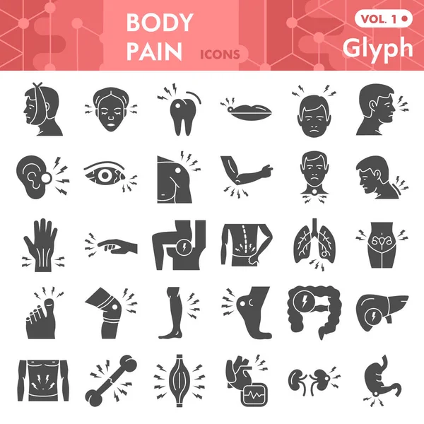 Conjunto de iconos de dolor corporal sólido, colección de símbolos de dolor en el cuerpo humano o bocetos. Partes masculinas del cuerpo signos de estilo glifo para la web y la aplicación. Gráficos vectoriales aislados sobre fondo blanco . — Vector de stock