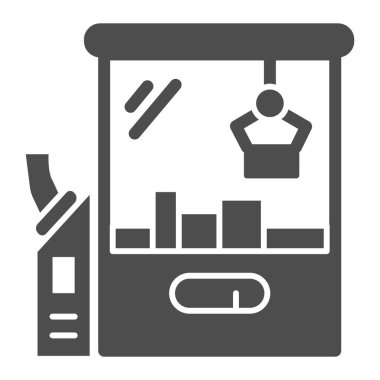 Oyuncak makinesi katı ikonu, eğlence parkı konsepti, beyaz arka planda vinç oyunu tabelası, mobil konsept ve web tasarımı için düğme ikonu olan pençe vinç makinesi. Vektör grafikleri.