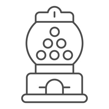 Şeker makinesi ince çizgi ikonu, eğlence parkı konsepti, beyaz arka planda Gumball Machine işareti, mobil konsept ve web tasarımı için ana hatlı sakız topu makinesi simgesi. Vektör grafikleri.