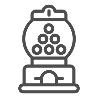 Şeker makinesi çizgisi simgesi, eğlence parkı konsepti, beyaz arka planda sakız makinesi işareti, mobil konsept ve web tasarımı için ana hatlı sakız topu makinesi simgesi. Vektör grafikleri.