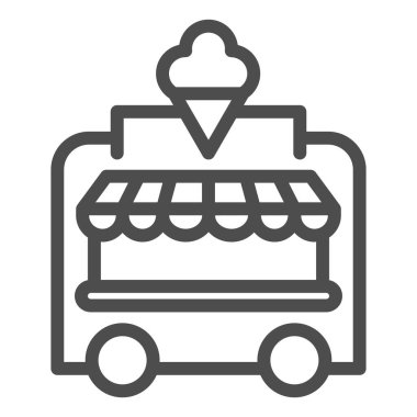 Dondurma büfesi çizgisi ikonu, lunapark konsepti, beyaz arka planda gezici mağaza tabelası, mobil tasarım ve konsept için ana hatlı dondurma arabası ikonu. Vektör grafikleri.