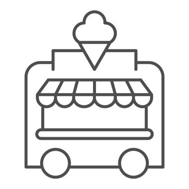 Dondurma büfesi ince çizgi ikonu, lunapark konsepti, beyaz arka planda gezici mağaza tabelası, mobil tasarım ve konsept için ana hatlı dondurma arabası ikonu. Vektör grafikleri.