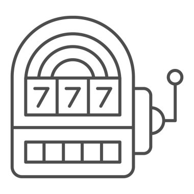 Slot makinesi ince çizgi simgesi, eğlence konsepti, beyaz arka planda kumarhane sembolü, mobil konsept ve web tasarımı için taslak biçimli slot makinesi simgesinde Şanslı 7. Vektör grafikleri.