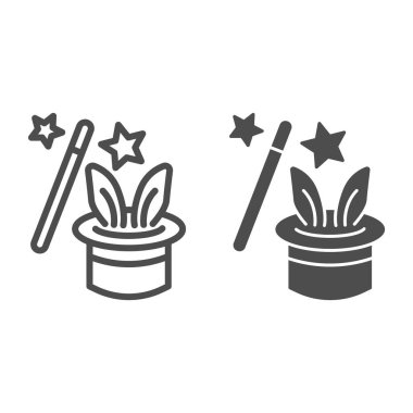 Tavşan çizgisi ve katı ikon, çocuk eğlence konsepti, beyaz arka planda sihirli numara işareti, şapka silindirli tavşan ve mobil ve web için ana hatlı ikon. Vektör grafikleri.