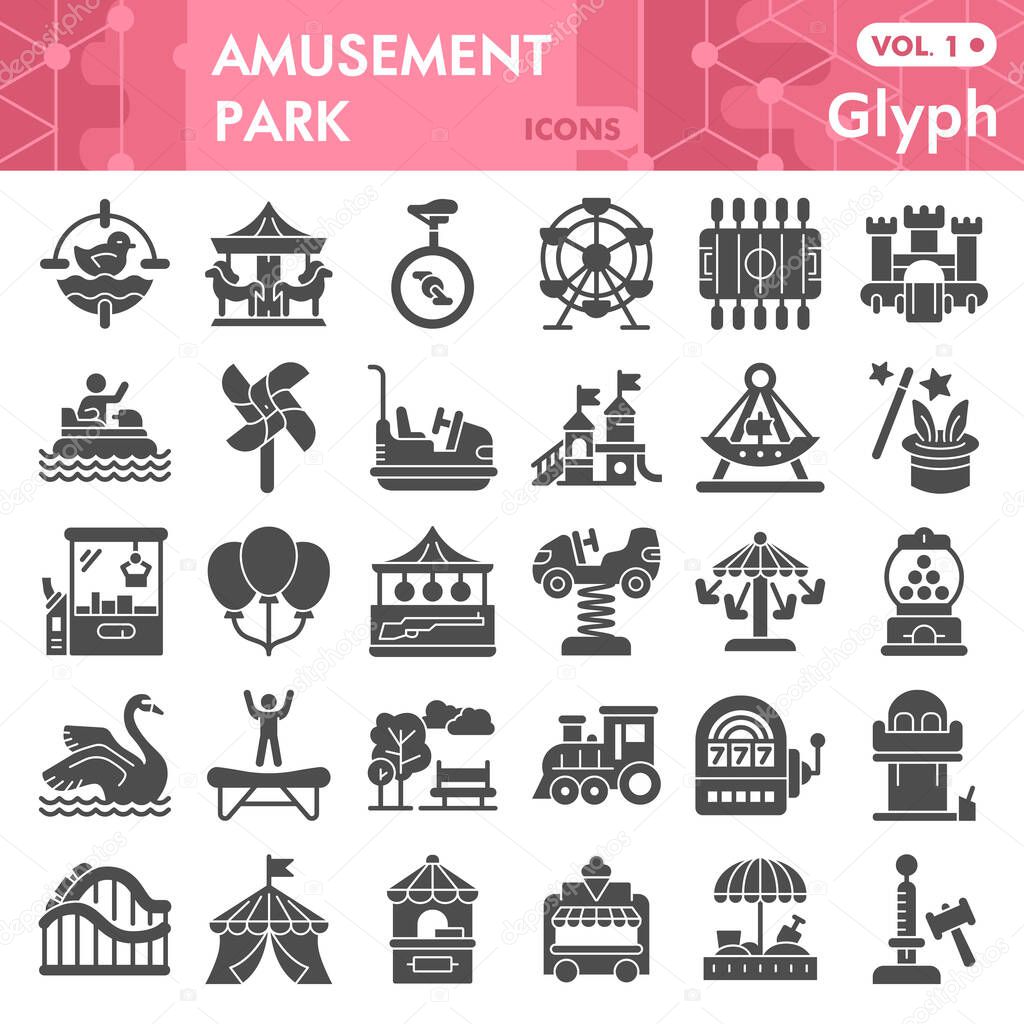 Amusement park solid icon set, children entertainment symbols collection or sketches. Playground glyph style signs for web and app. Vector graphics isolated on white background