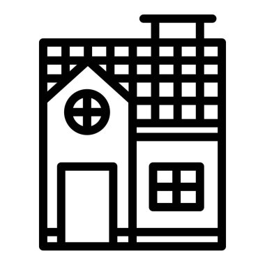 İki katlı ev hattı ikonu. Beyaz üzerine izole edilmiş küçük kulübe vektör illüstrasyonu. Mimari tasarım tasarımı, web ve uygulama için tasarlandı. Eps 10.