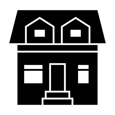 Kır evi. İki pencereli. Katı bir ikon. Tavan arası vektör illüstrasyonlu ev beyaza izole edilmiş. Ev kabartma tasarımı, web ve uygulama için tasarlanmış. Eps 10.