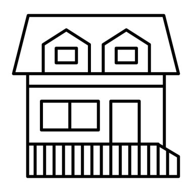 İki tane mansard pencereli ev, ince çizgi simgesi. Tavan arası vektör illüstrasyonlu kulübe beyaza izole edilmiş. Ev hattı tasarımı, web ve uygulama için tasarlandı. Eps 10.