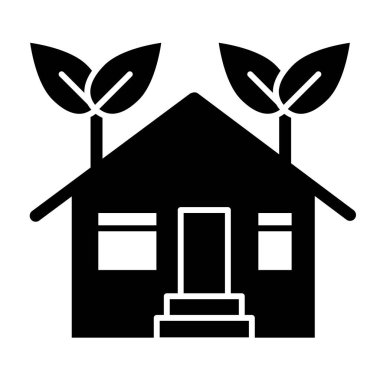 Ekoloji katı ikonu. Eko ev vektör illüstrasyonu beyazda izole edildi. Web ve uygulama için tasarlanmış yaprak kabartma tasarımı olan bir ev. Eps 10.